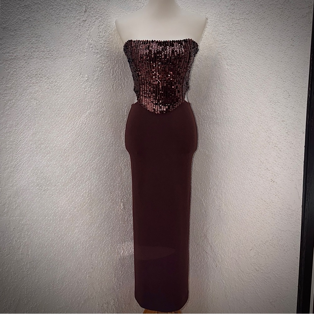 Zara sequin embellished brown Strapless cut out modern fit midi Dress size small - Picture 5 of 16